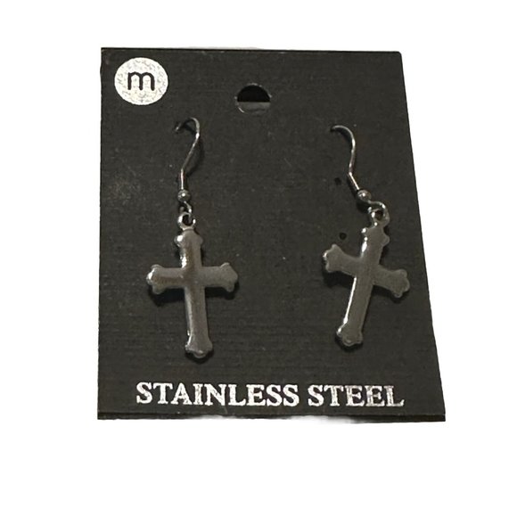 Stainless Steel Silver Dangle Cross Earrings Punk Rock Goth - Picture 1 of 3